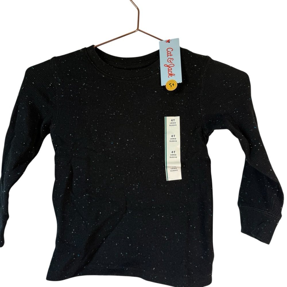 Cat & Jack Black Waffle Knot Long Sleeve Tee Speckle Space Dye Crew Neck